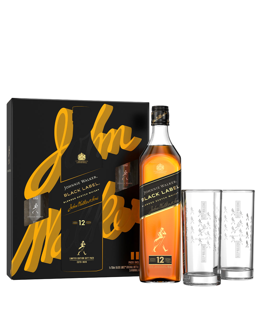 JOHNNIE WALKER BLACK LABEL BLENDED SCOTCH WHISKY WITH TWO HIGHBALL GLASSES
