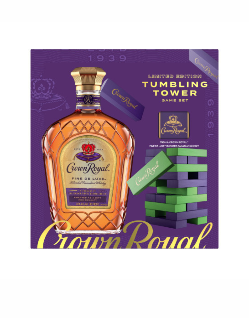 CROWN ROYAL FINE DE LUXE BLENDED CANADIAN WHISKY, 750 ML WITH LIMITED EDITION TUMBLING TOWER GAME SET