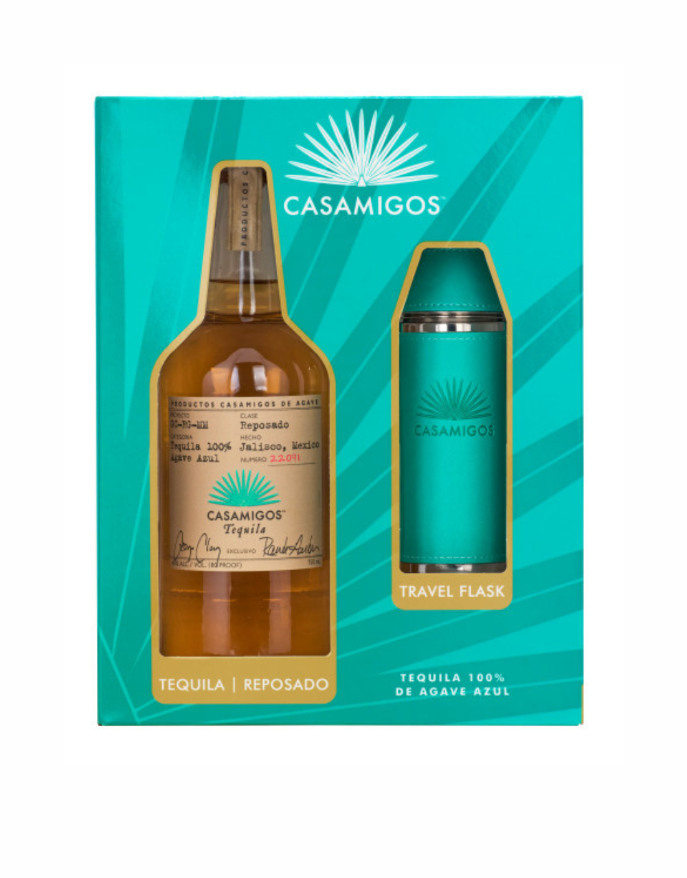 CASAMIGOS REPOSADO TEQUILA, 750 ML BOTTLE WITH 8 OZ. FLASK