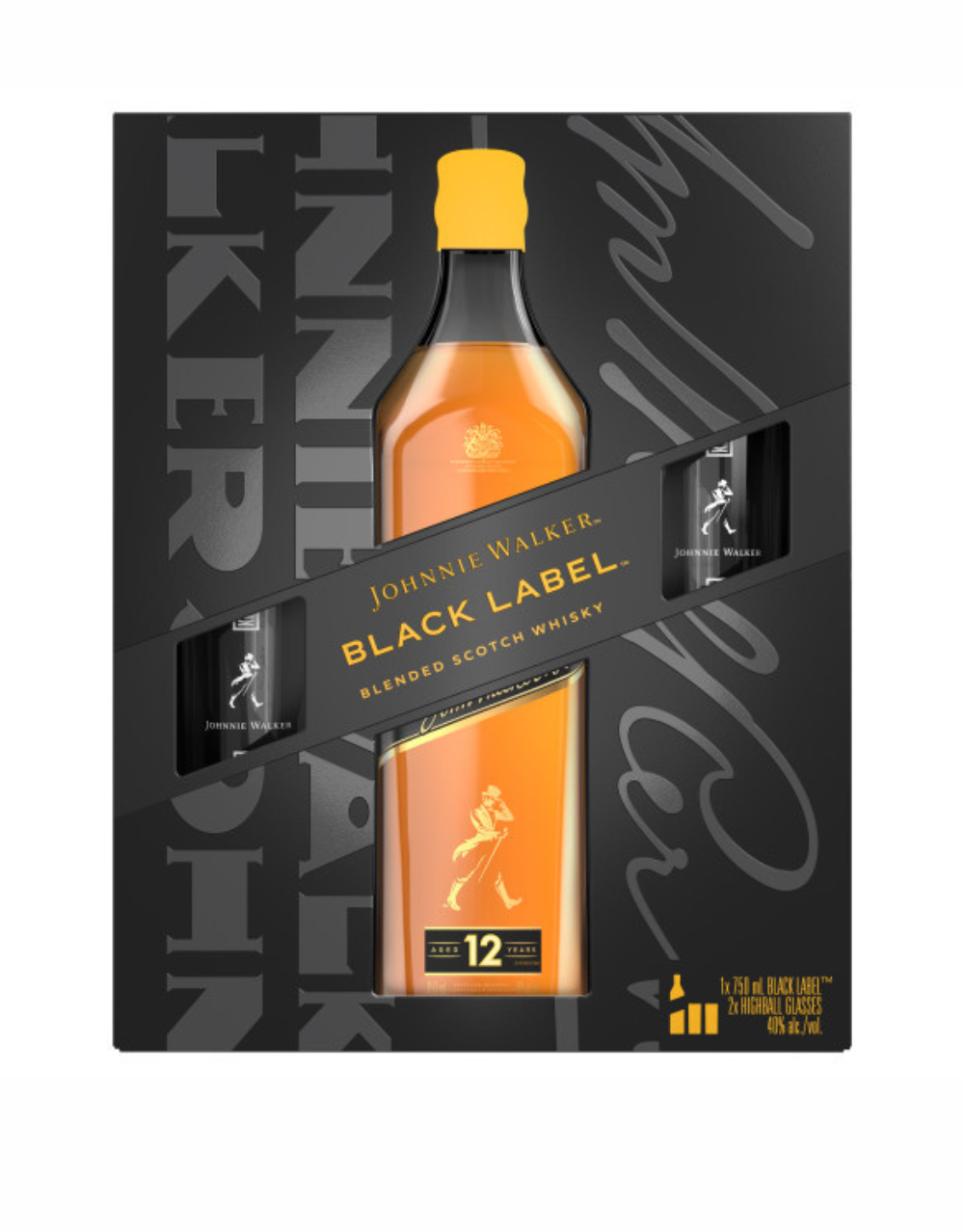 JOHNNIE WALKER BLACK LABEL BLENDED SCOTCH WHISKY, 750 ML BOTTLE WITH TWO BRANDED HIGHBALL GLASSES