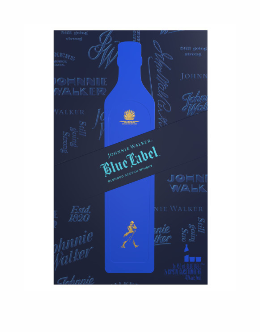 JOHNNIE WALKER BLUE LABEL BLENDED SCOTCH WHISKY, 750 ML BOTTLE WITH TWO CRYSTAL GLASSES