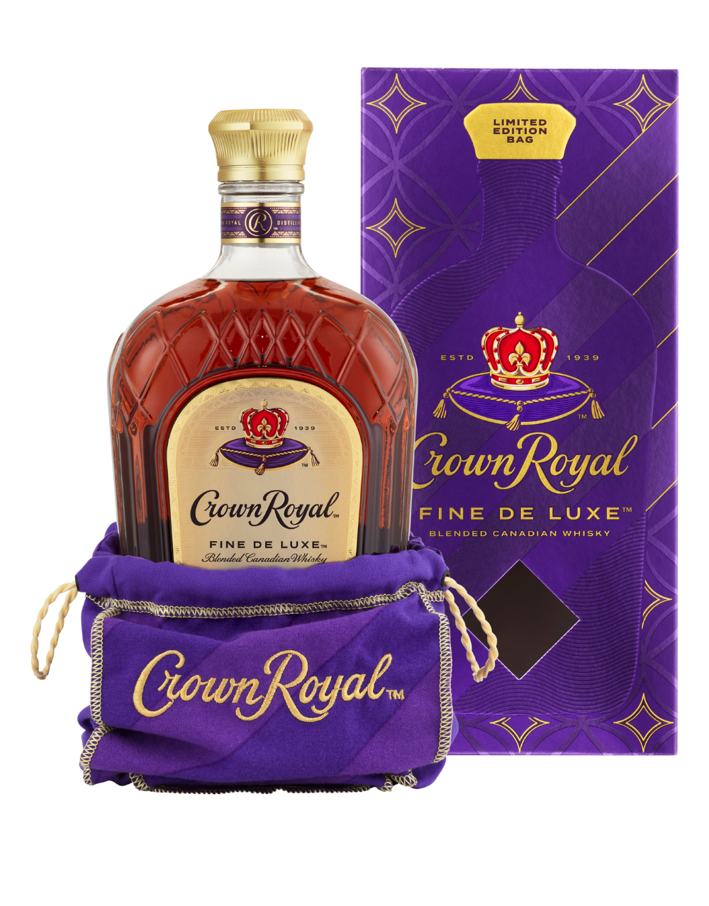 CROWN ROYAL FINE DE LUXE BLENDED CANADIAN WHISKY BOTTLE WITH LIMITED-EDITION HOLIDAY BAG AND BOX