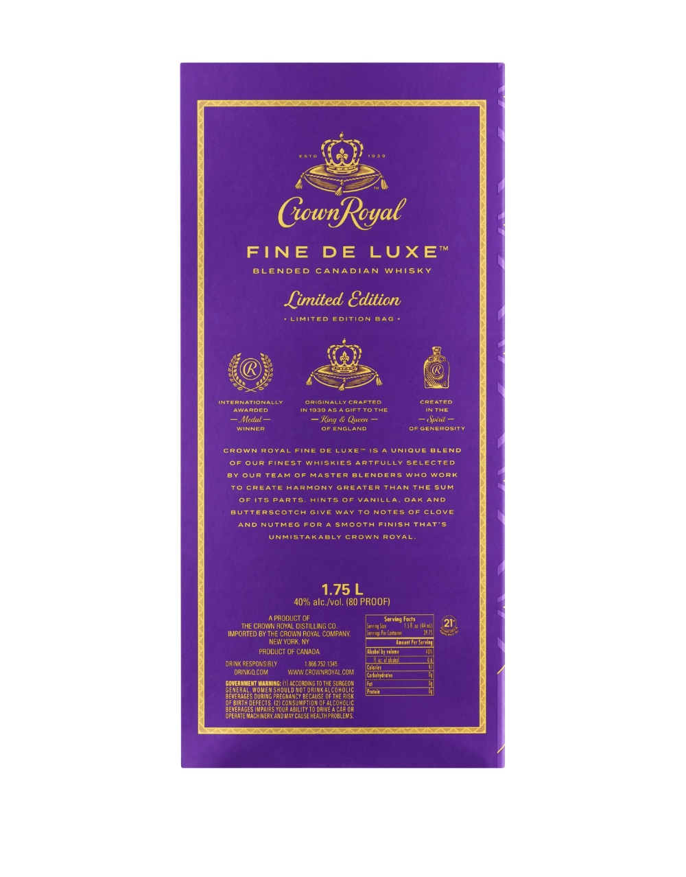 Crown Royal Fine De Luxe Blended Canadian Whisky Bottle With