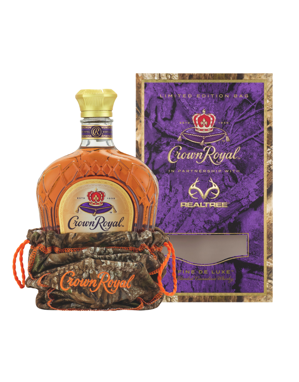 CROWN ROYAL FINE DE LUXE BLENDED CANADIAN WHISKY BOTTLE WITH REALTREE CAMO BAG