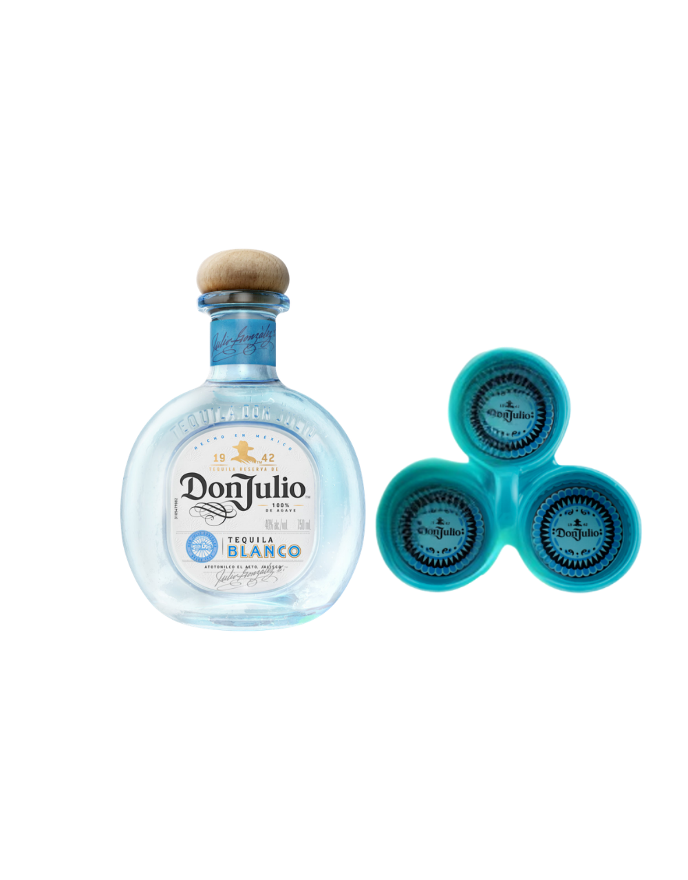DON JULIO BLANCO TEQUILA BOTTLE WITH THREE SALSA BOWLS