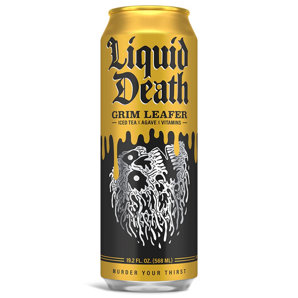 LIQUID DEATH ICED BLACK TEA, GRIM LEAFER